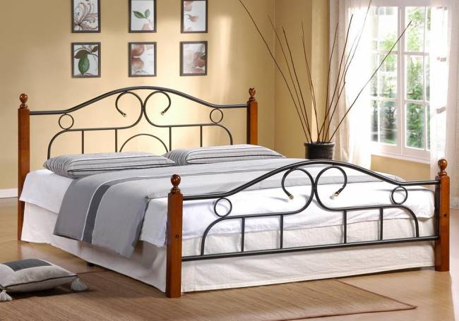 Кровать односпальная AT-808 дерево гевея/металл, 160х200см, двухспальная кровать, красный дуб/черный дуб темный дерево гевея/металл