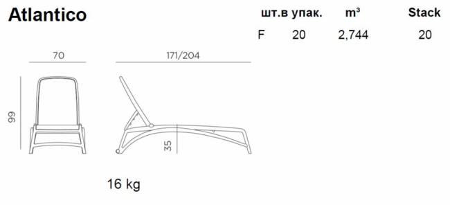 Шезлонг-лежак пластиковый Atlantico белый, тортора 1720-2040х700х350 мм