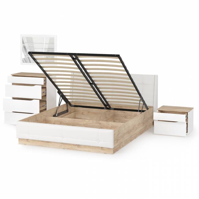 Кровать с подъёмным ортопедом Муссон 1600 с тумбочкой и комодом с зеркалом СВК цвет белый/дуб эндгрейн элегантный/кожзам белый Кровать с подъёмным ортопедом Муссон 1600 с тумбочкой и комодом с зеркалом СВК цвет белый/дуб эндгрейн элегантный/кожзам белый