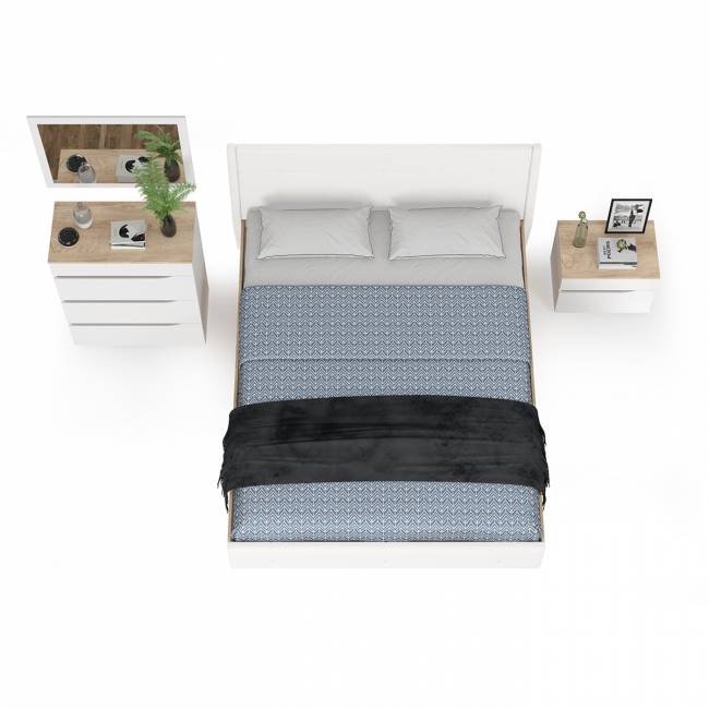 Кровать с подъёмным ортопедом Муссон 1600 с тумбочкой и комодом с зеркалом СВК цвет белый/дуб эндгрейн элегантный/кожзам белый Кровать с подъёмным ортопедом Муссон 1600 с тумбочкой и комодом с зеркалом СВК цвет белый/дуб эндгрейн элегантный/кожзам белый