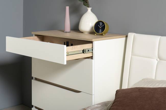 Кровать с подъёмным ортопедом Муссон 1600 с тумбочкой и комодом с зеркалом СВК цвет белый/дуб эндгрейн элегантный/кожзам белый Кровать с подъёмным ортопедом Муссон 1600 с тумбочкой и комодом с зеркалом СВК цвет белый/дуб эндгрейн элегантный/кожзам белый