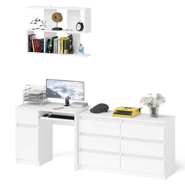 Большой комод на 6-ть ящиков Мори с компьютерным столом МС-1 левый и полка открытая на 900 цвет белый