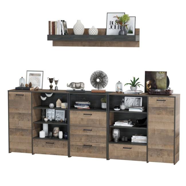 Два комода с дверкой и ящиком с навесной полкой и комодом с тремя ящиками Трувор цвет дуб гранж песочный/интра