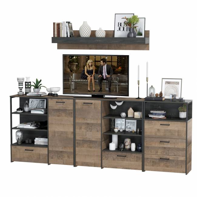 Два комода с дверкой и ящиком с навесной полкой и комодом с тремя ящиками Трувор цвет дуб гранж песочный/интра