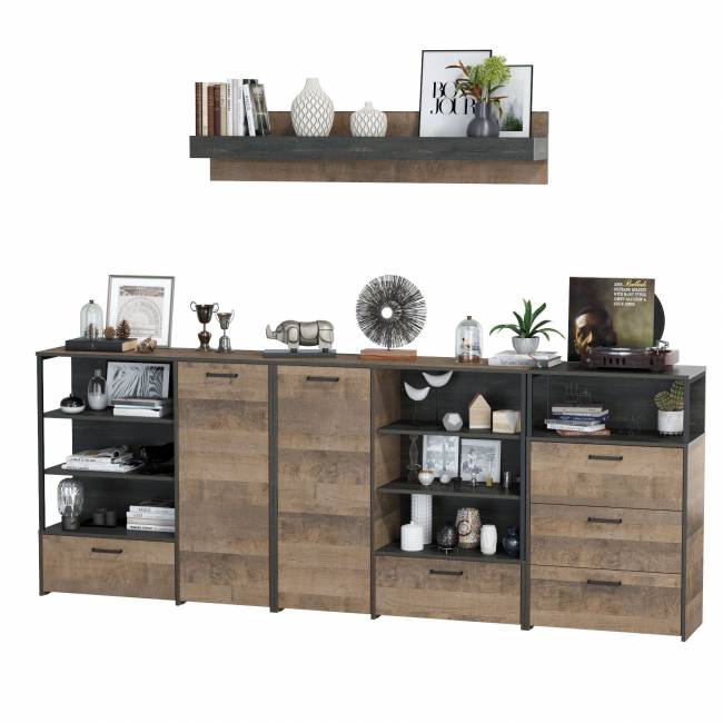 Два комода с дверкой и ящиком с навесной полкой и комодом с тремя ящиками Трувор цвет дуб гранж песочный/интра