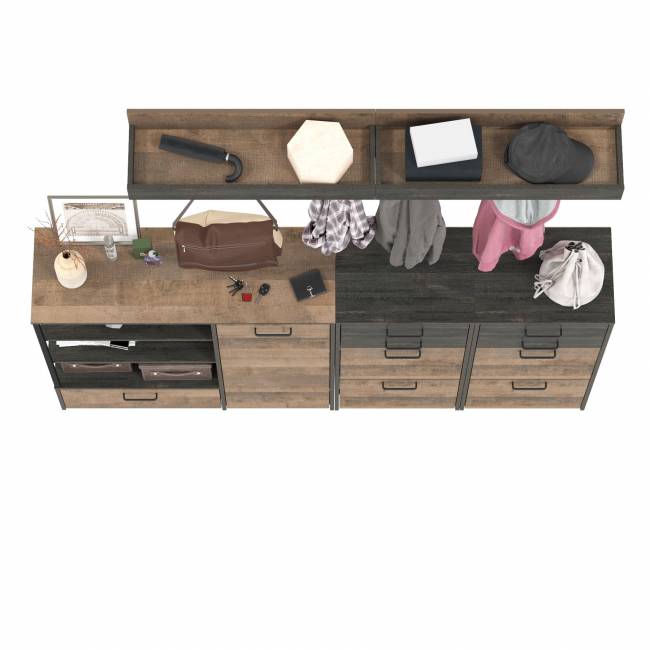 Две вешалки для одежды с полкой с двумя тумбами для обуви и комодом-тумбой с дверкой Трувор цвет дуб гранж песочный/интра