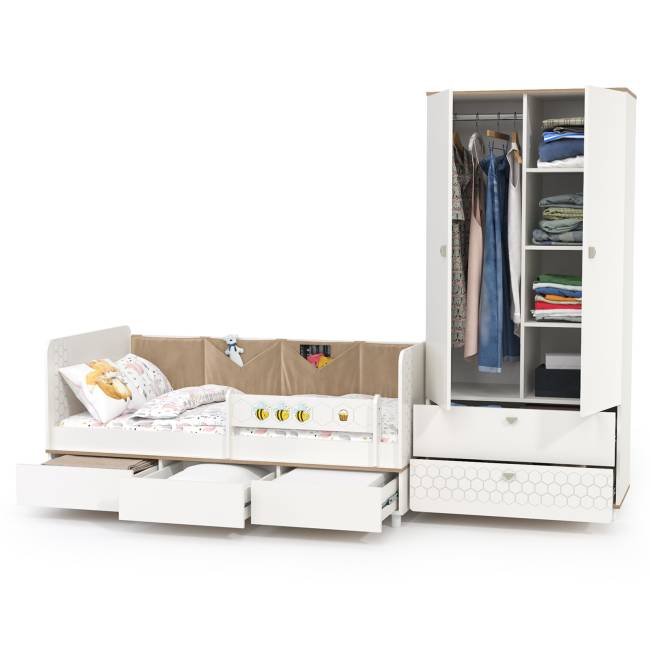 Детская кровать с ящиками для белья и шкафом для детской одежды Эйп цвет белый/дуб белый Детская кровать с ящиками для белья и шкафом для детской одежды Эйп цвет белый/дуб белый