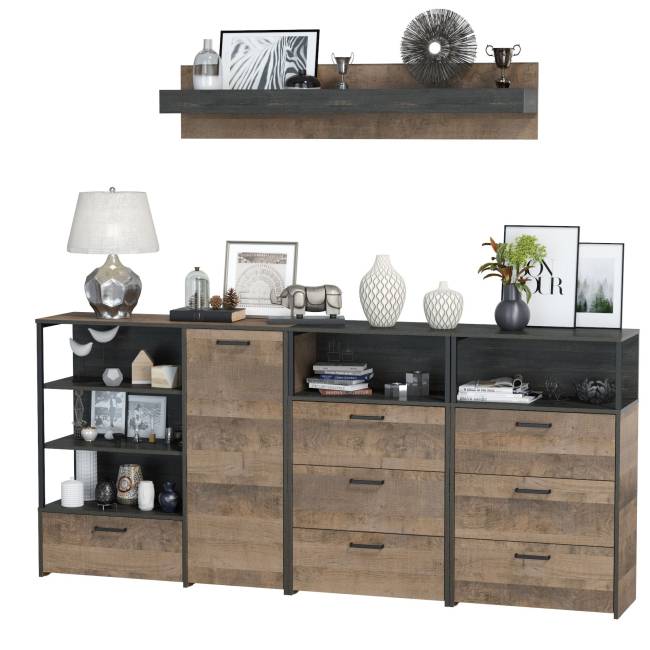 Два комода с ящиками с навесной полкой и комод с ящиком и дверкой в гостиную Трувор цвет дуб гранж песочный/интра