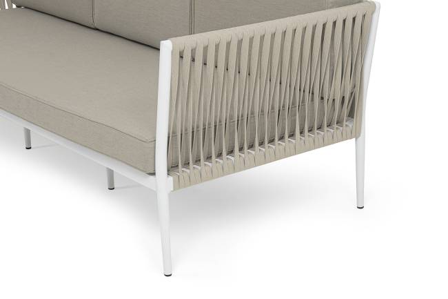 "Касабланка" диван 3-местный плетеный из роупа, каркас алюминий белый муар, роуп бежевый 20мм, ткань бежевая 052 "Касабланка" диван 3-местный плетеный из роупа, каркас алюминий белый муар, роуп бежевый 20мм, ткань бежевая 052