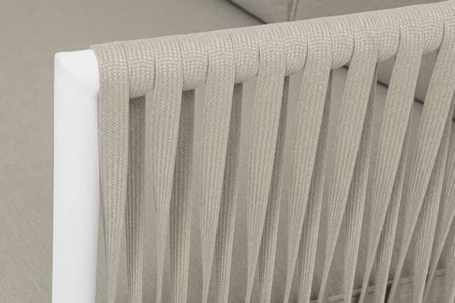 "Касабланка" диван 3-местный плетеный из роупа, каркас алюминий белый муар, роуп бежевый 20мм, ткань бежевая 052 "Касабланка" диван 3-местный плетеный из роупа, каркас алюминий белый муар, роуп бежевый 20мм, ткань бежевая 052