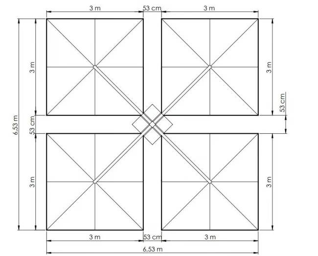 Зонт профессиональный четырехкупольный 6.53х6.53 м Banana Quadro бежевый 6530х6530 мм