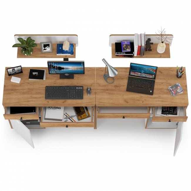 Письменные столы с навесными полками для двоих детей Вуди цвет белый премиум/дуб крафт золотой Письменные столы с навесными полками для двоих детей Вуди цвет белый премиум/дуб крафт золотой