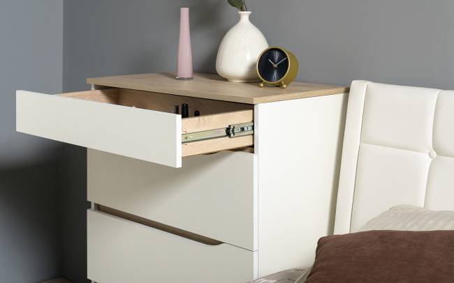 Кровать Муссон 1600 с ортопедическим основанием с тумбочкой и комодом с зеркалом цвет белый/дуб эндгрейн элегантный