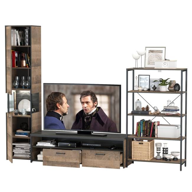 Стенка для гостиной Трувор № 14 с пеналом-витриной с подсветкой цвет дуб гранж песочный/интра