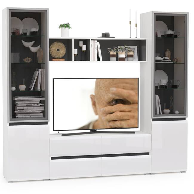 Стенка для гостиной со стеклянными фасадами Сидней цвет белый/чёрный/фасады МДФ белый глянец Стенка для гостиной со стеклянными фасадами Сидней цвет белый/чёрный/фасады МДФ белый глянец